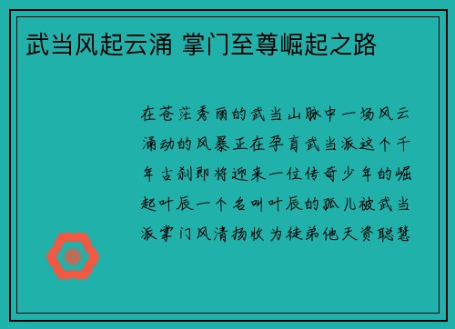 武当风起云涌 掌门至尊崛起之路