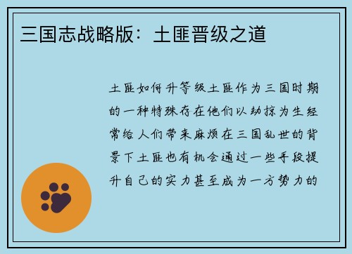 三国志战略版：土匪晋级之道