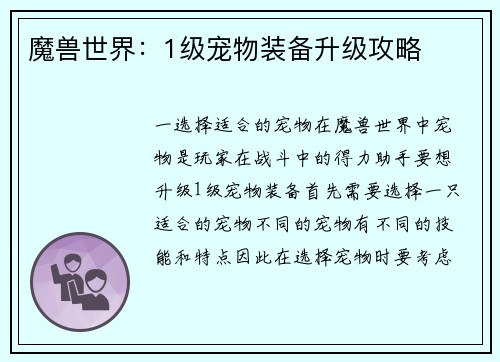 魔兽世界：1级宠物装备升级攻略