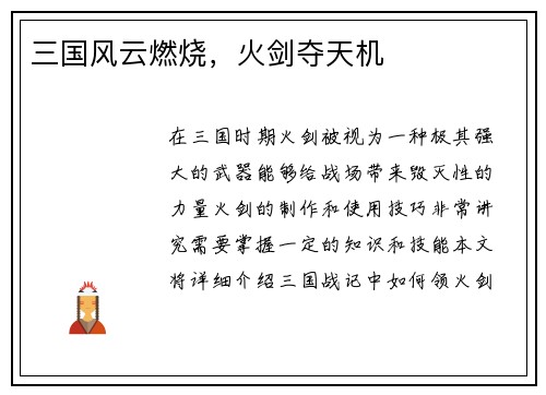 三国风云燃烧，火剑夺天机