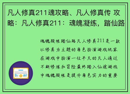 凡人修真211魂攻略、凡人修真传 攻略：凡人修真211：魂魄凝练，踏仙路